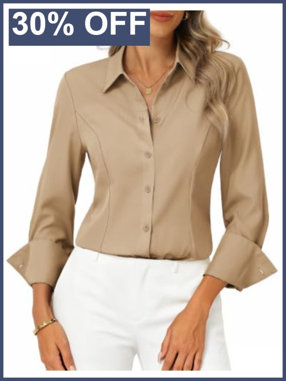 Womens Button Down Dress Shirt Long Sleeve Collared Blouse Waist Shaping